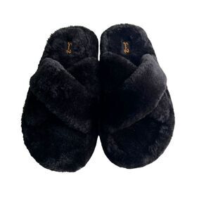 Seven 7 Fluffy Black Kiki Faux Fur Slide Women’s  rosa Straps Size 6